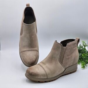 Sorel Evie Wedge Heel Ankle Booties Size 9.5 Suede Leather Pull On Comfort Taupe